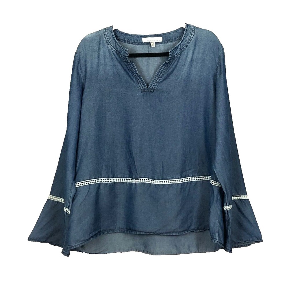 Fourteenth Place Shirt Womens XL Chambray‎ Top Blue Boho Crochet Trim Sleeves